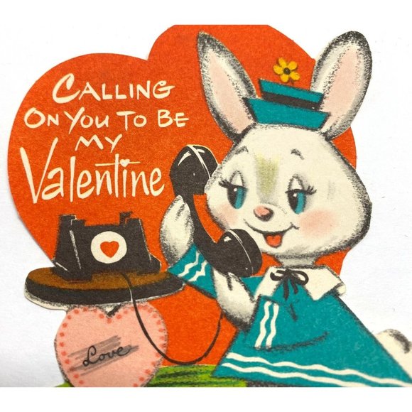 Anthropomorphic Rabbit Valentine Greeting Card Telephone Diecut 4" Vintage 1940s - Picture 4 of 5